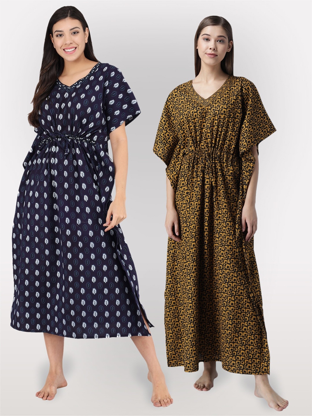 

Shararat Women Pack Of 2 Printed Maxi Cotton Nightdress, Navy blue