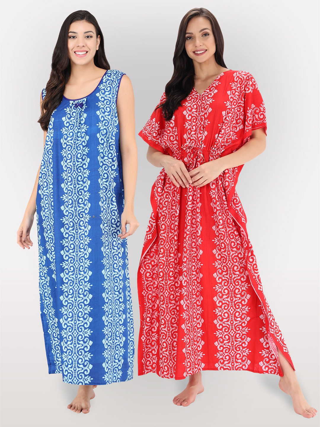 

Shararat Women Pack Of 2 Printed Maxi Cotton Nightdress, Blue