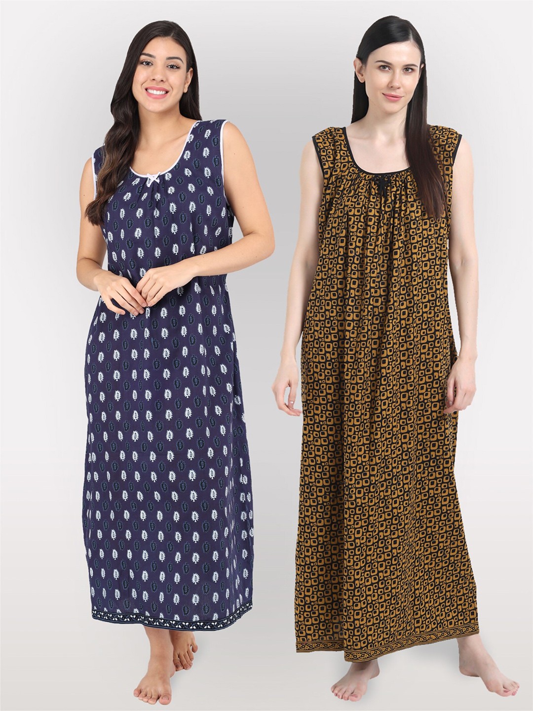 

Shararat Women Pack Of 2 Printed Maxi Cotton Nightdress, Navy blue