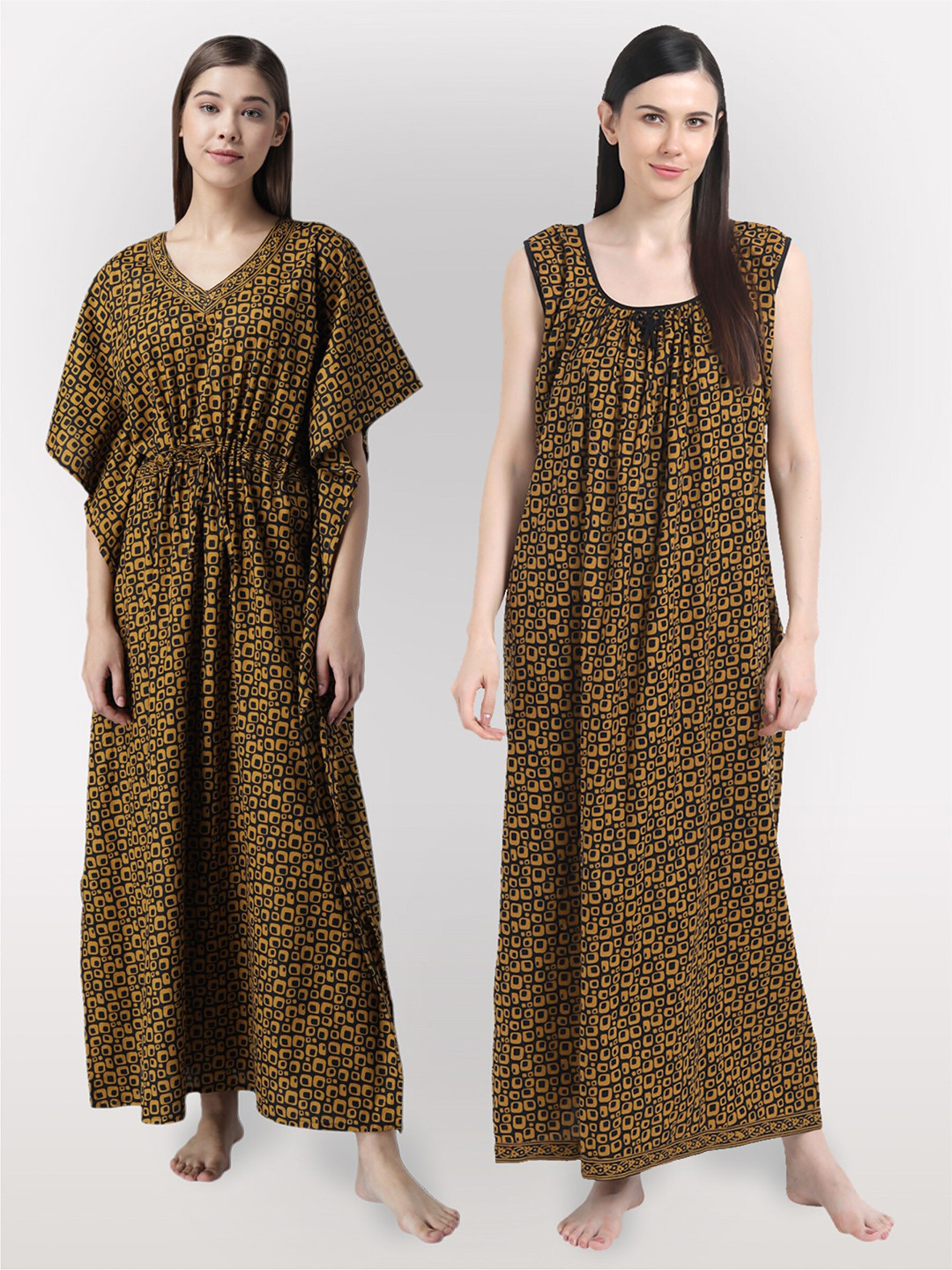 

Shararat Women Pack Of 2 Printed Maxi Cotton Nightdress, Mustard