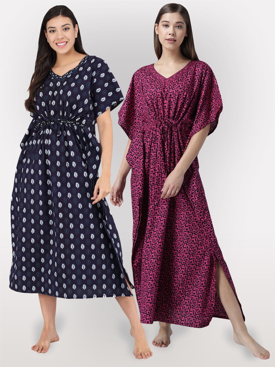 

Shararat Women Pack Of 2 Printed Maxi Cotton Nightdress, Navy blue