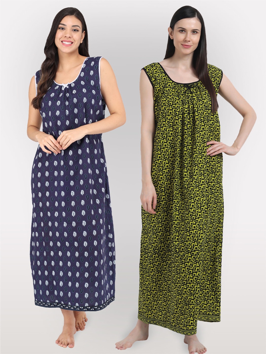 

Shararat Women Pack Of 2 Printed Maxi Cotton Nightdress, Navy blue