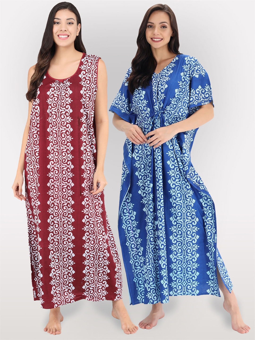 

Shararat Women Pack Of 2 Printed Maxi Cotton Nightdress, Brown