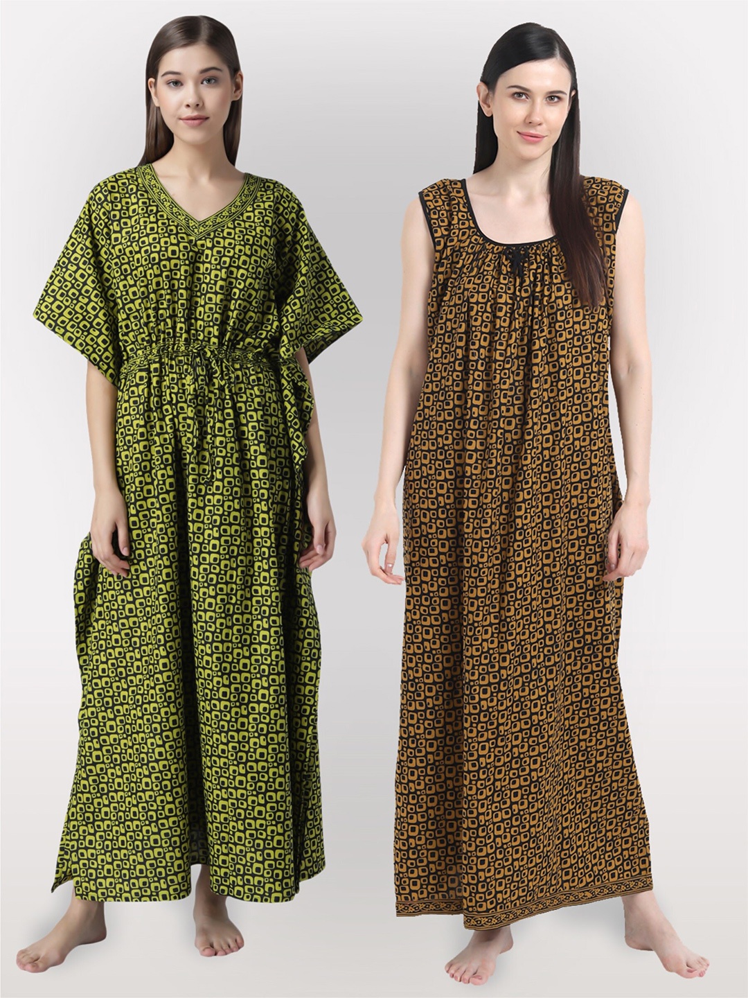 

Shararat Women Pack Of 2 Printed Maxi Cotton Nightdress, Green