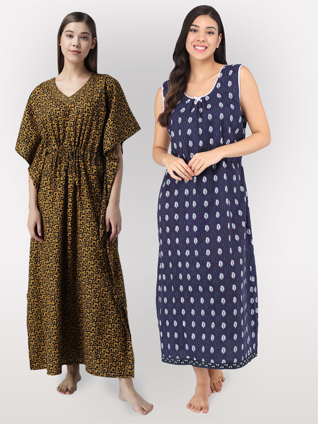 

Shararat Women Pack Of 2 Printed Maxi Cotton Nightdress, Mustard