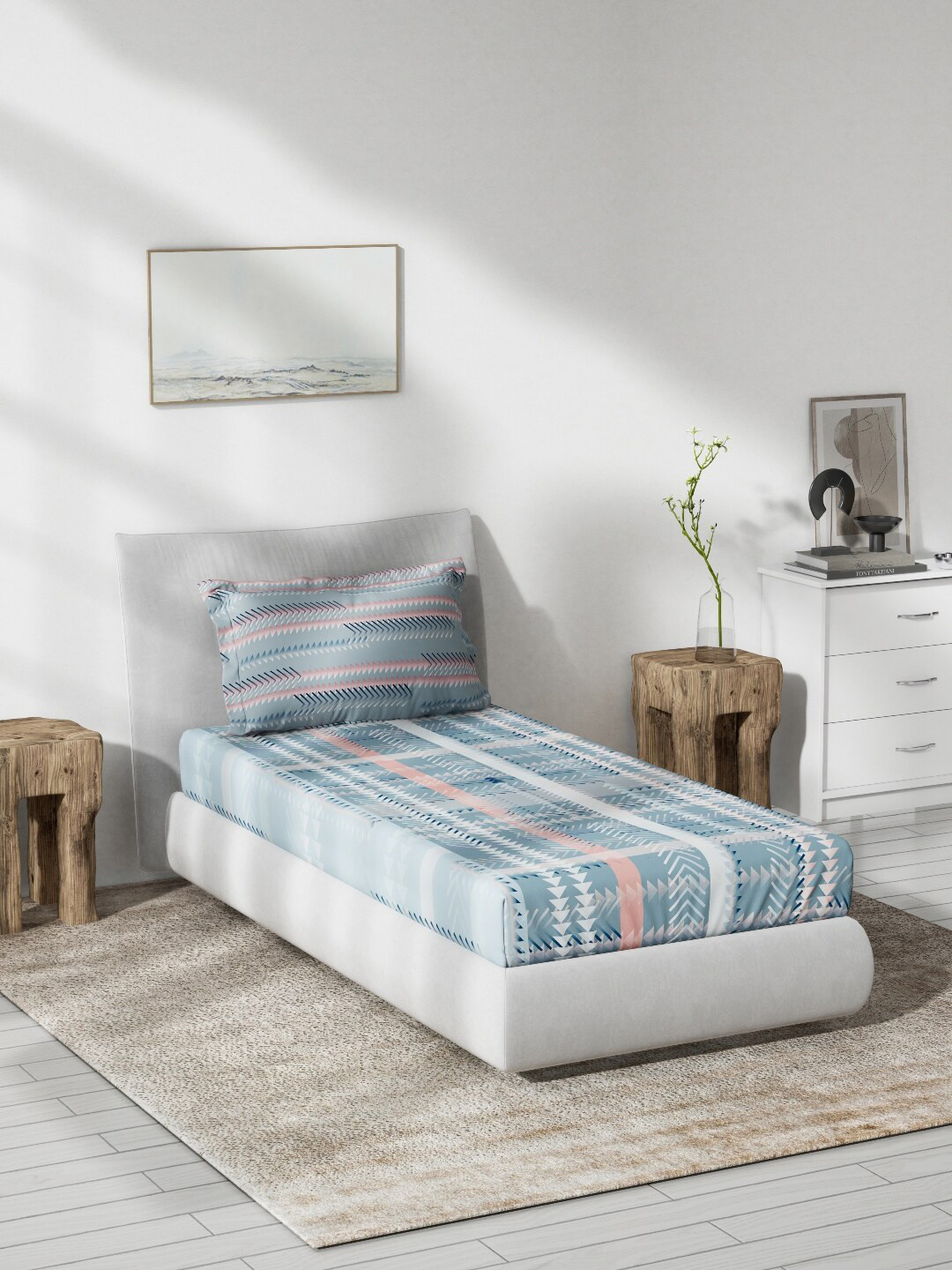 

DDecor Geometric Printed 140 TC Single Bedsheet with 1 Pillow Covers, Blue