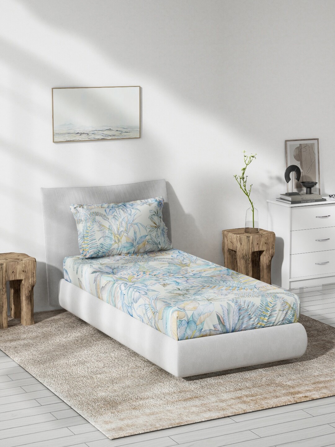 DDecor Floral Printed 140 TC Single Bedsheet with 1 Pillow Cover, White