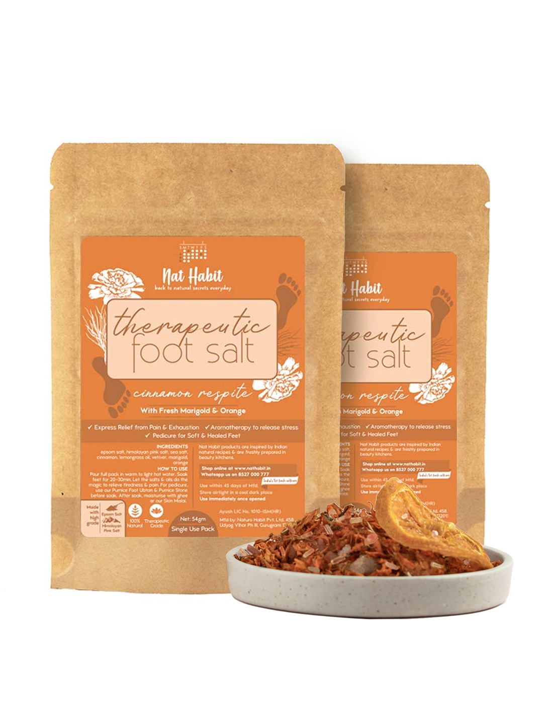 

Nat Habit Set of 2 Therapeutic Cinnamon Respite Foot Salt with Fresh Marigold - 54 g Each, Orange