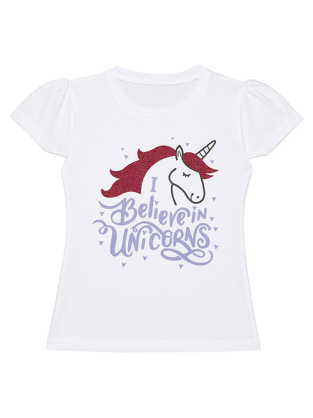 

Wear Your Mind Girls Printed Puff Sleeves Pure Cotton T-shirt, White