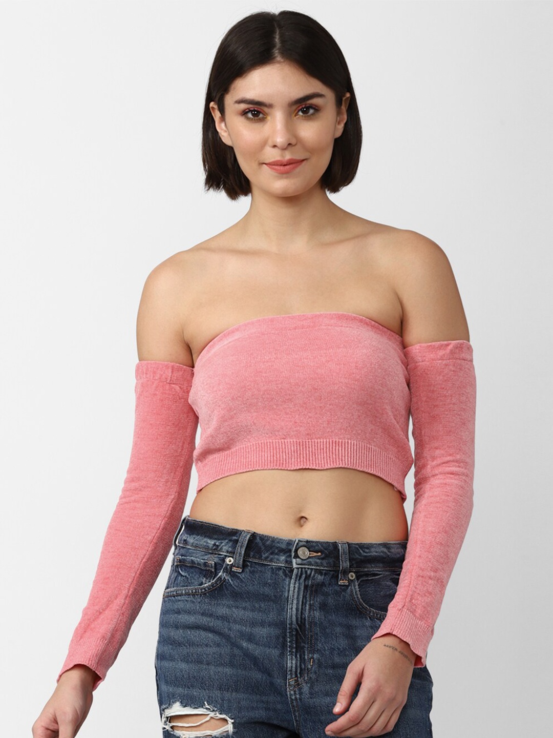 

FOREVER 21 Women Off-Shoulder Bardot Crop Top, Pink