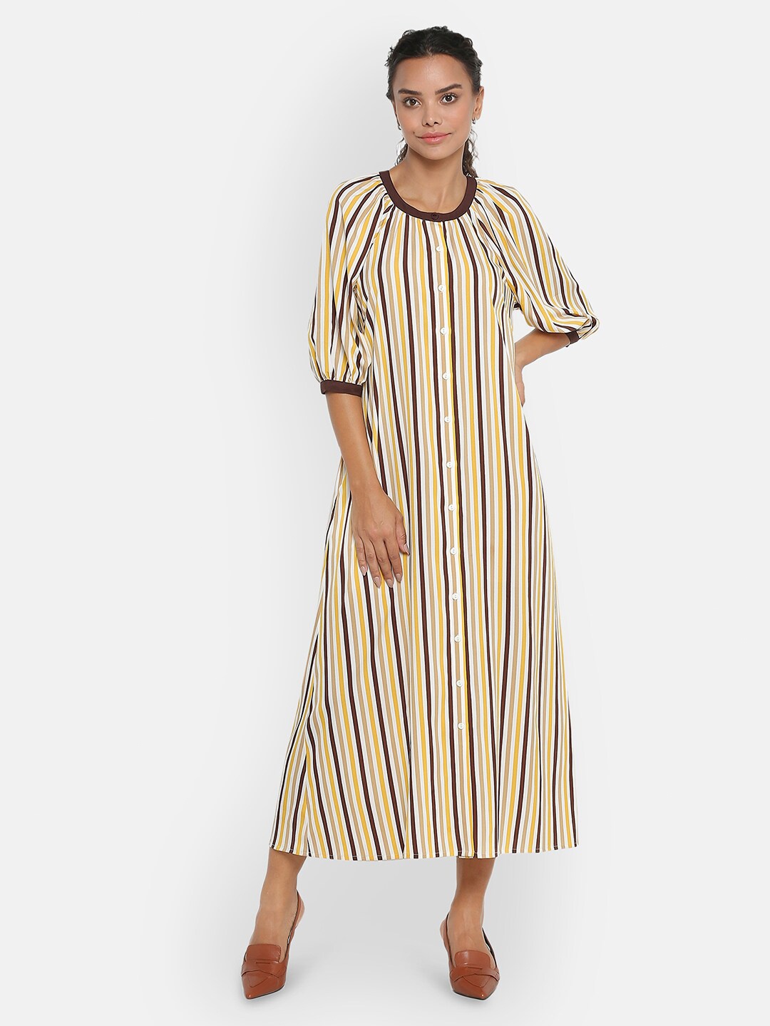 

OFFICE & YOU Women Striped Cotton A-Line Midi Dress, Yellow