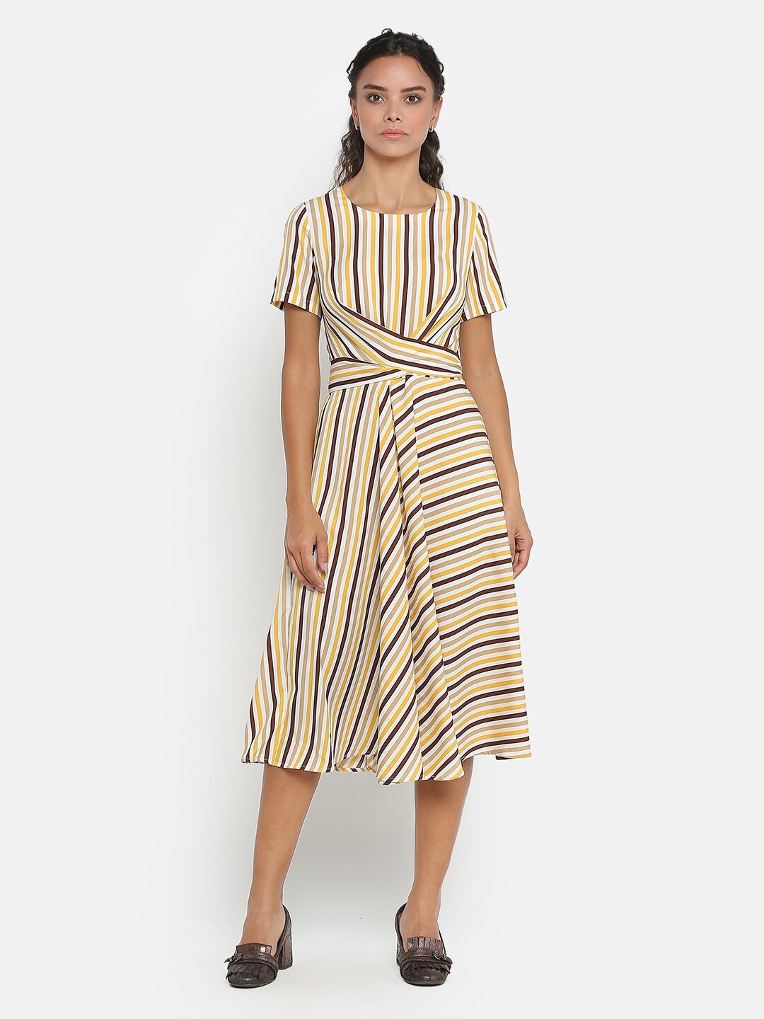 

OFFICE & YOU Women Striped Cotton Fit & Flare Dress, Yellow