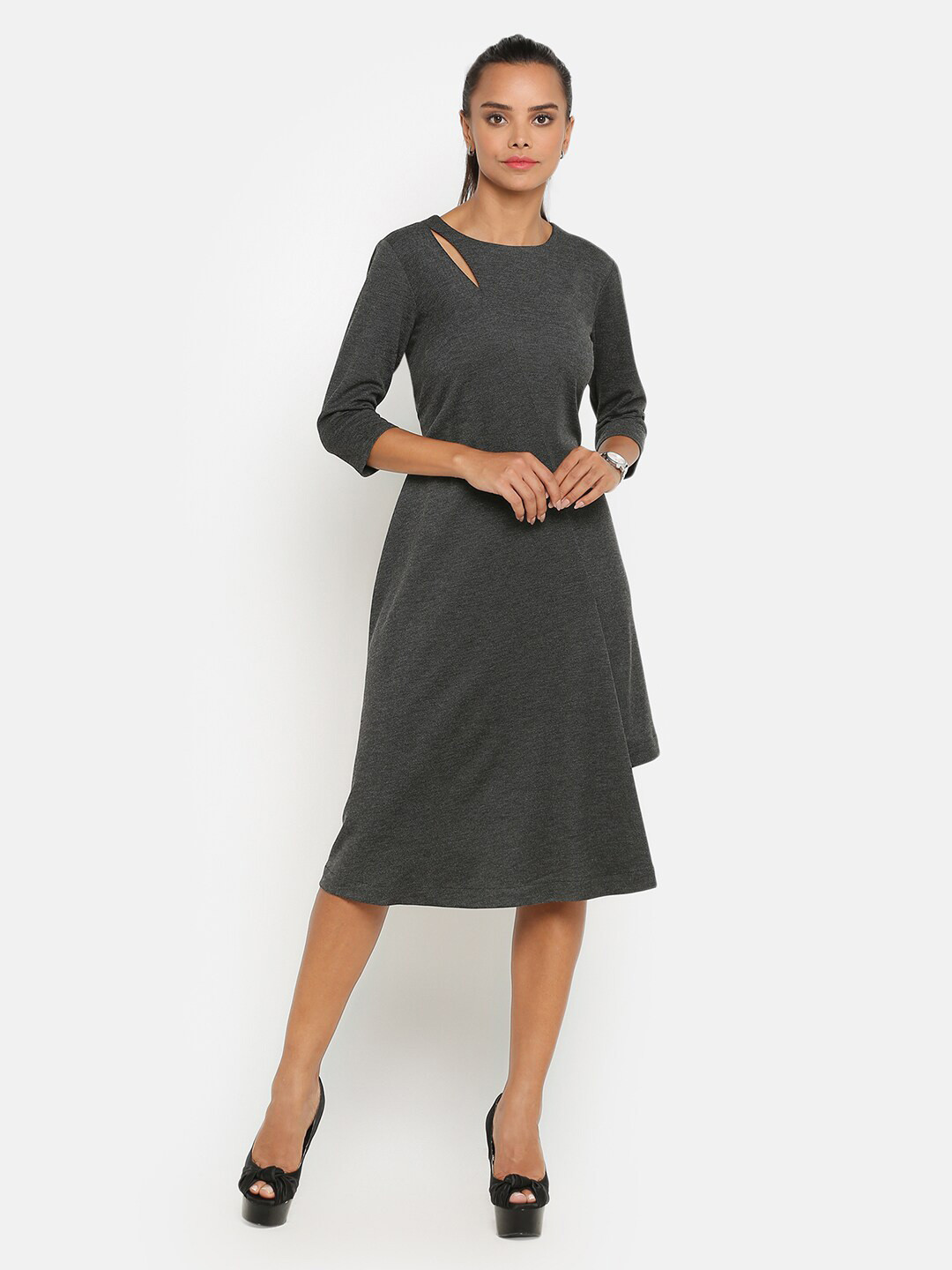 

OFFICE & YOU Women Self Design Acrylic A-Line Dress, Charcoal
