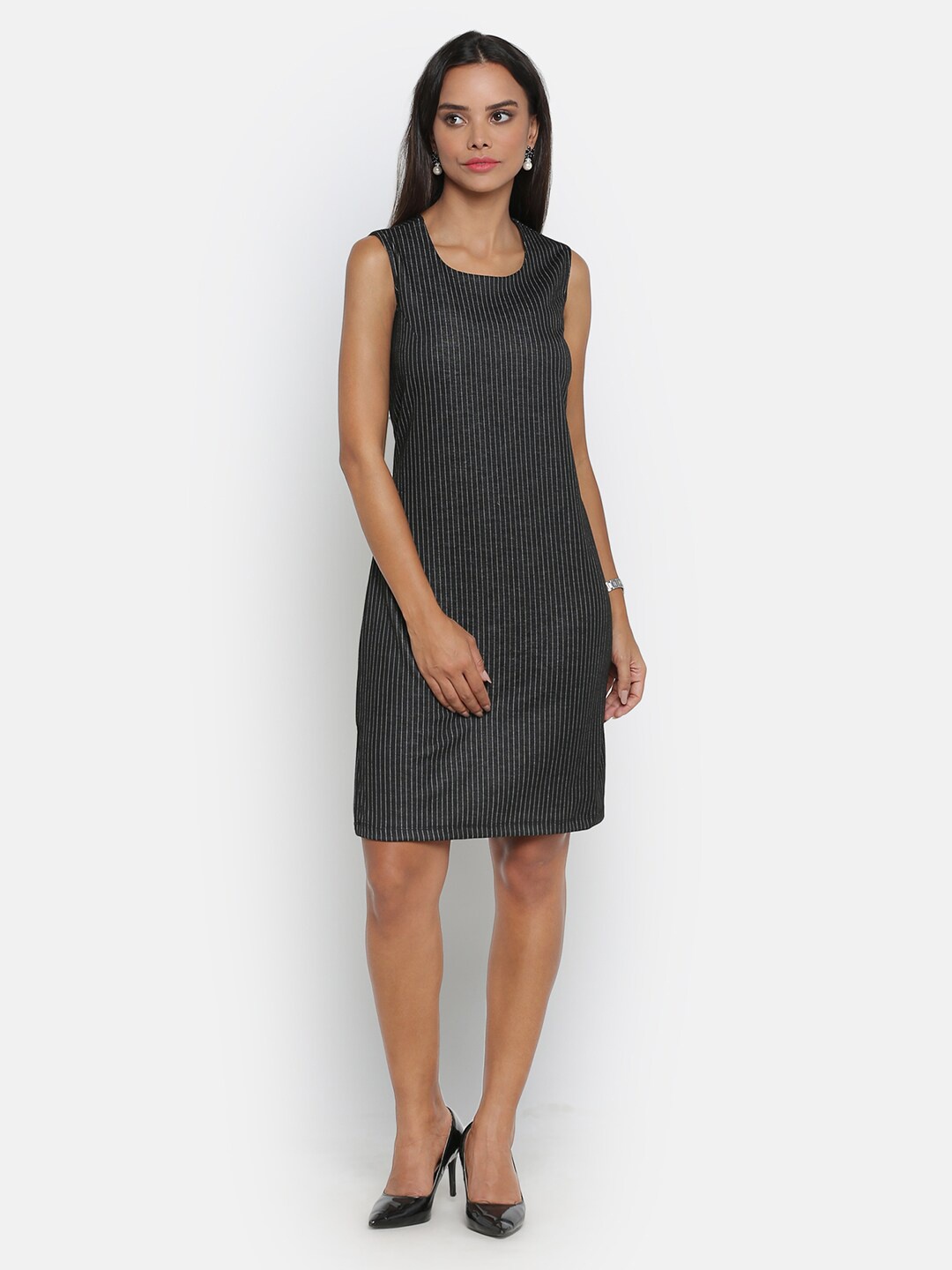 

OFFICE & YOU Women Striped Sleeveless Sheath Dress, Black