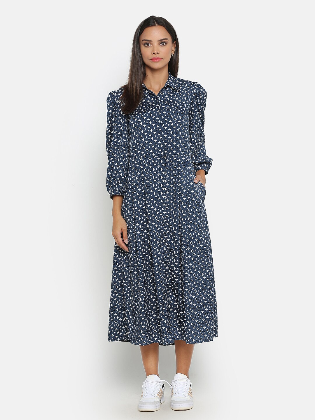 

OFFICE & YOU Women Printed Cotton A-Line Midi Dress, Black