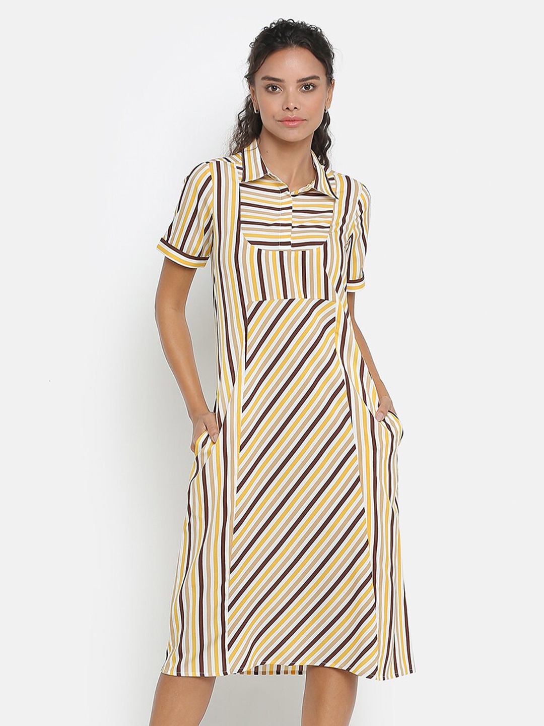 

OFFICE & YOU Women Striped Cotton A-Line Midi Dress, Yellow