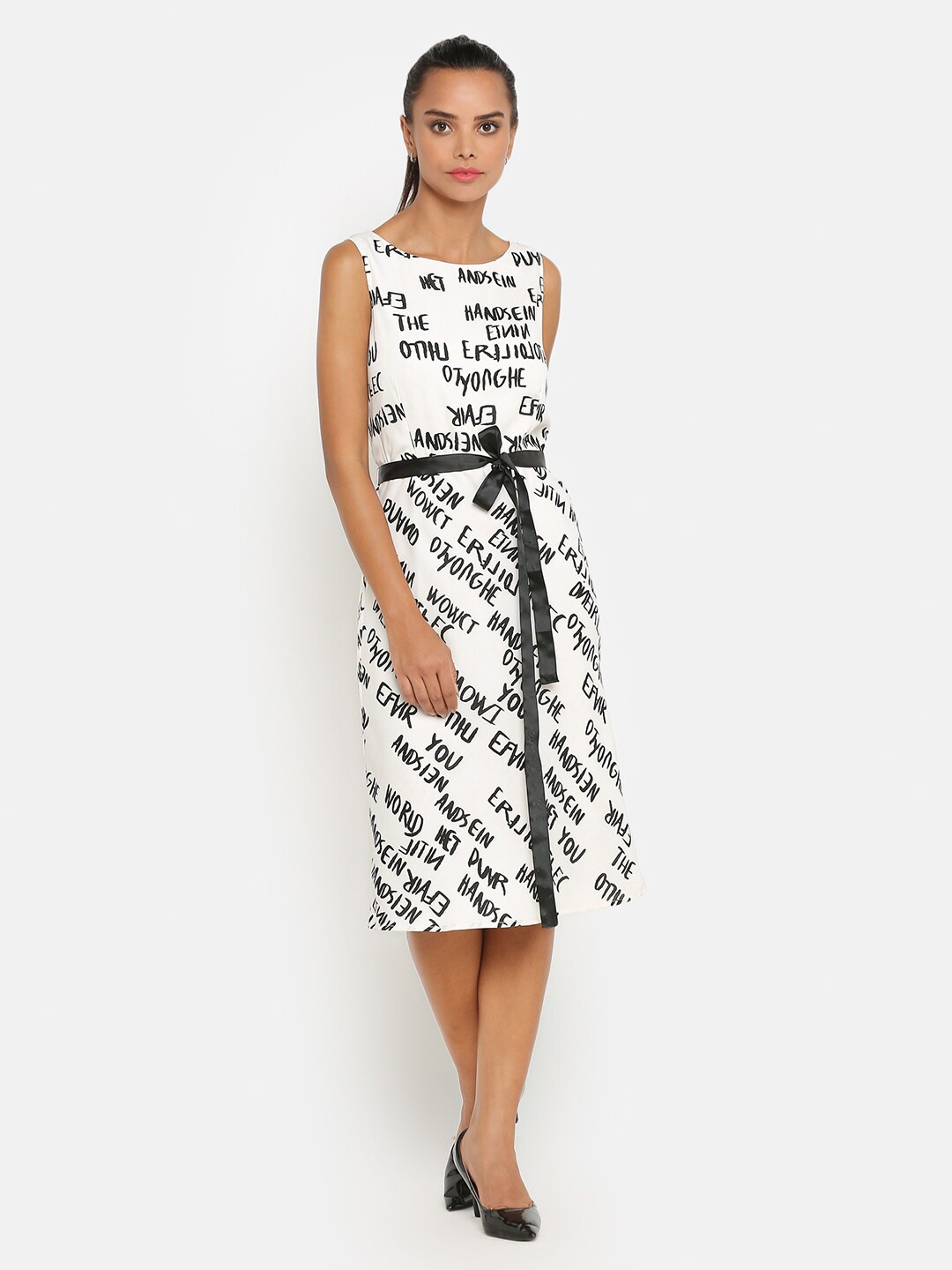 

OFFICE & YOU Women Printed Sleeveless Crepe A-Line Dress, White