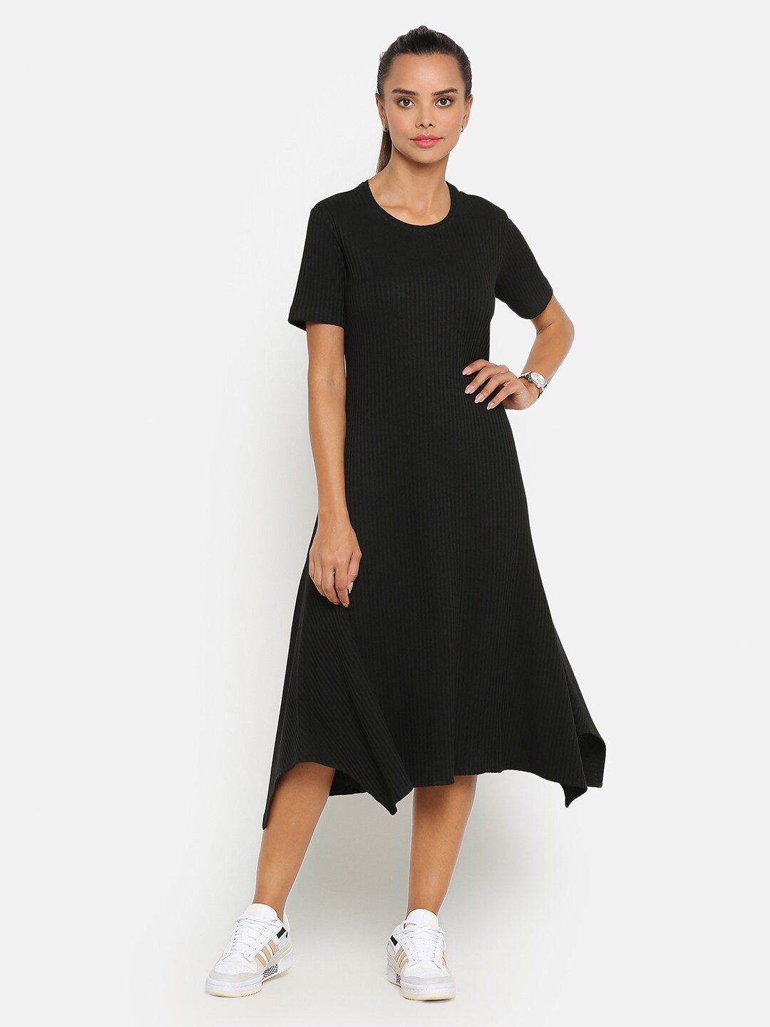 

OFFICE & YOU Women Self Design Asymmetric A-Line Midi Dress, Black
