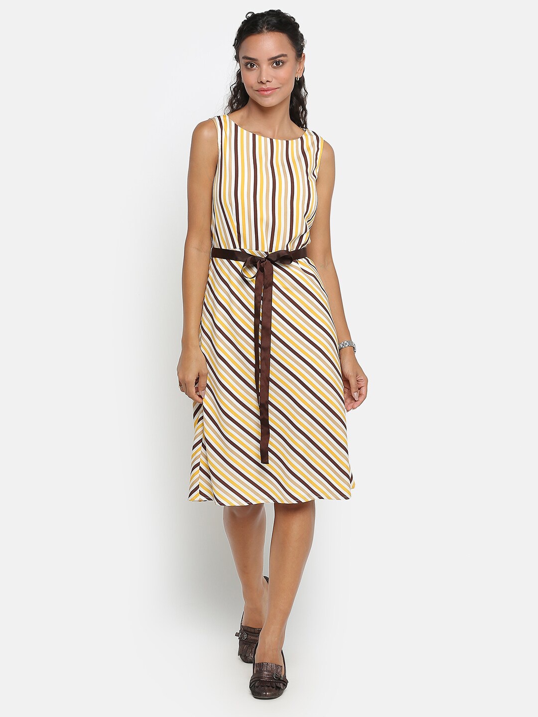 

OFFICE & YOU Women Striped Crepe Sleeveless A-Line Dress, Yellow