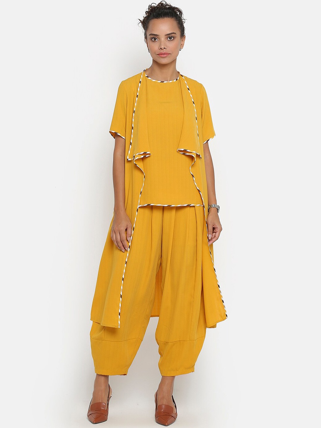 

OFFICE & YOU Women Acrylic Longline Open Front Jacket, Yellow
