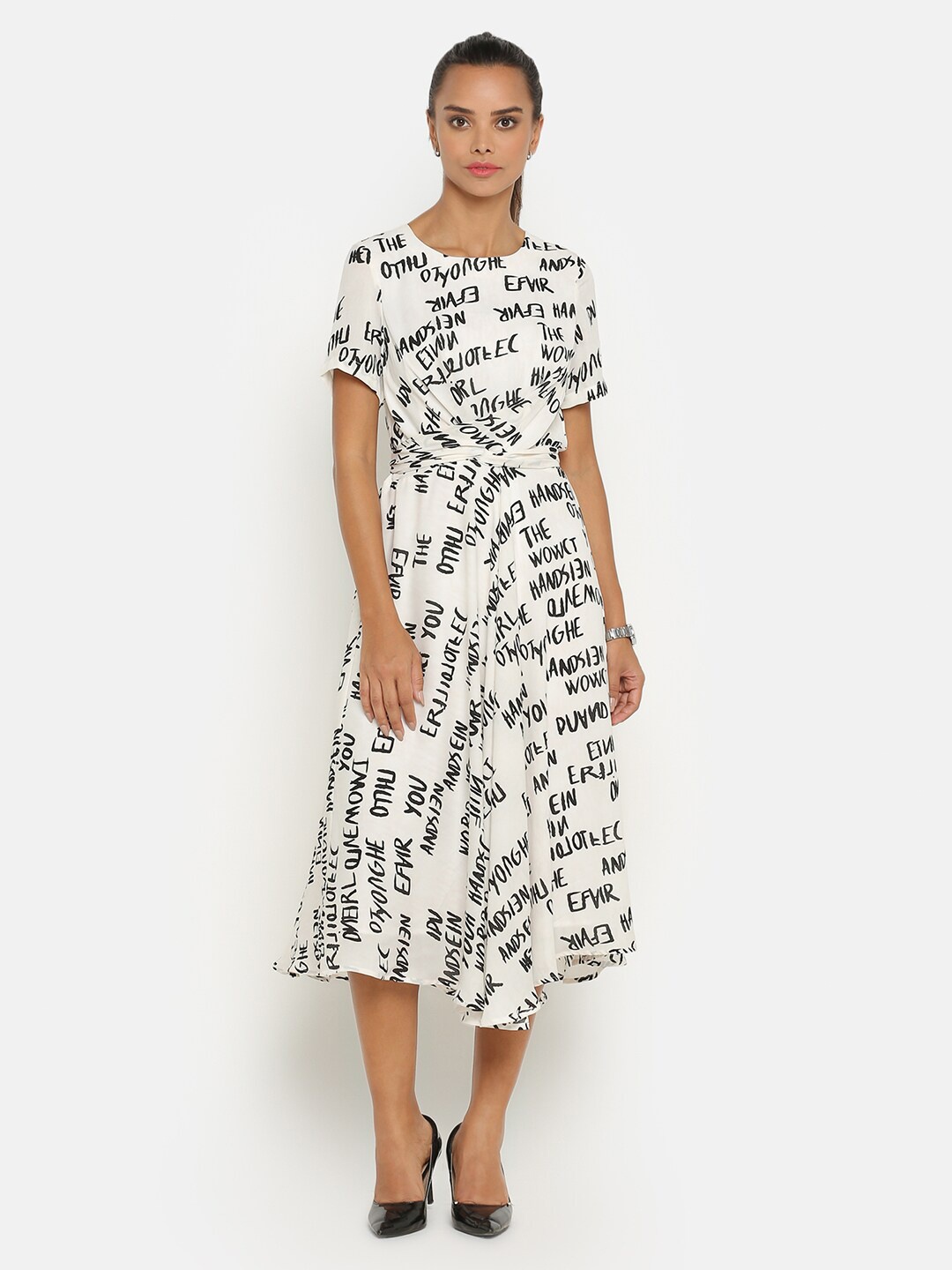 

OFFICE & YOU Women Printed Crepe A-Line Midi Dress, White