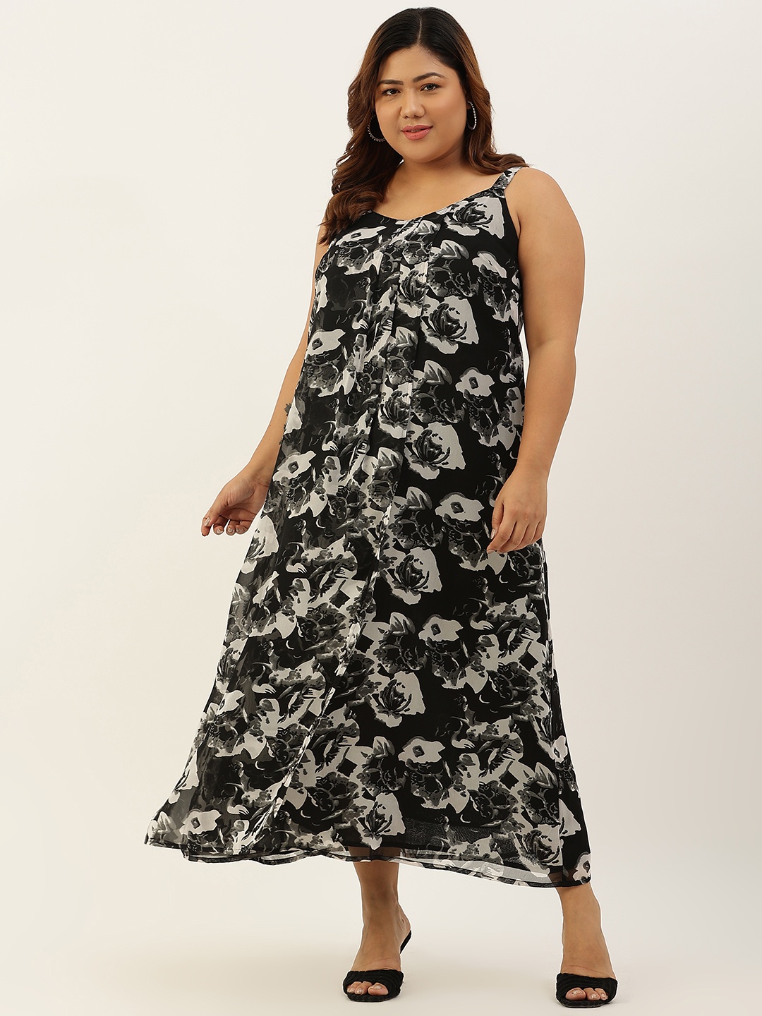 

theRebelinme Black & White Floral Georgette A-Line Midi Dress