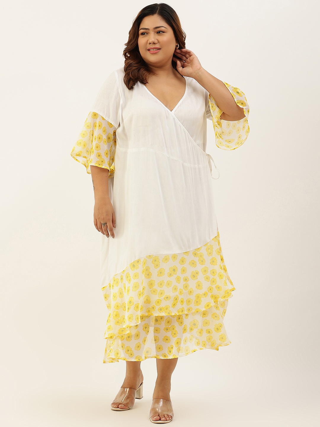 

theRebelinme Yellow & Off White Floral A-Line Plus Size Georgette Midi Dress