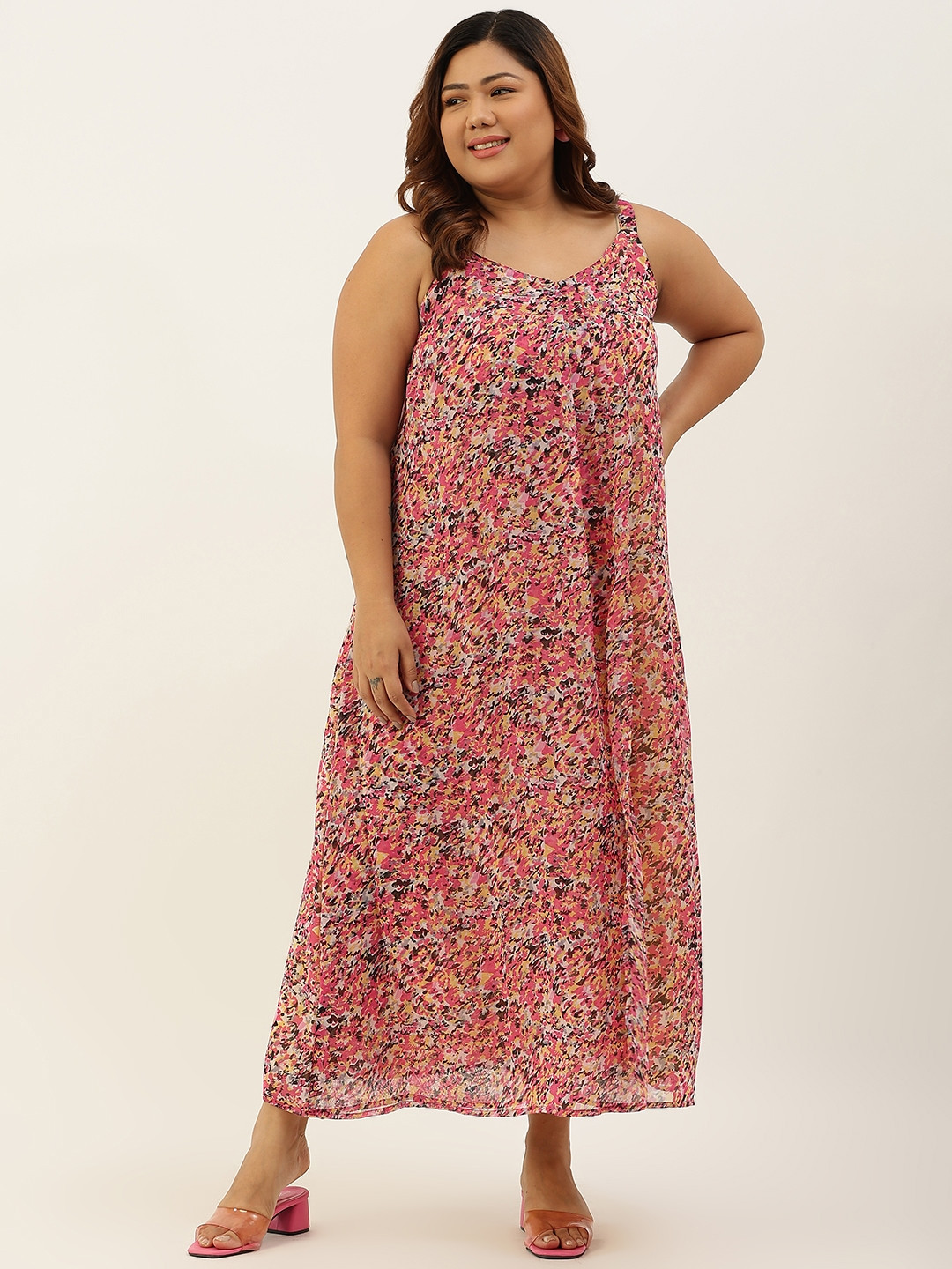 

theRebelinme Pink & Black Floral Georgette A-Line Plus Size Midi Dress