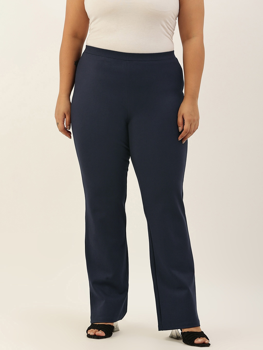 

theRebelinme Women Navy Blue Smart Straight Fit High-Rise Trousers