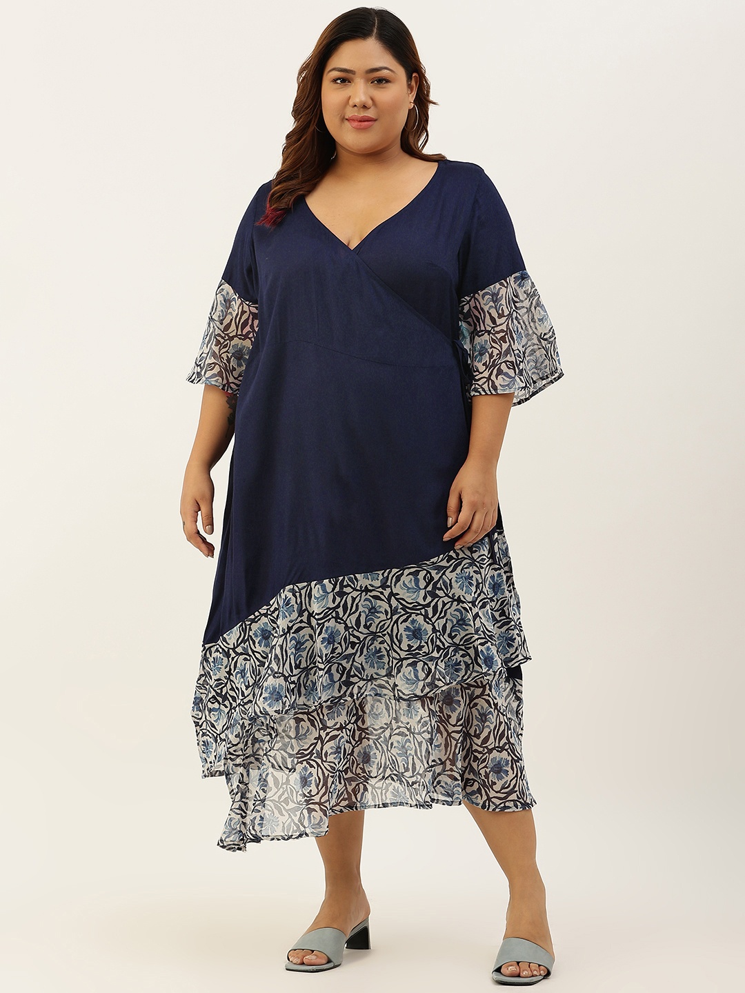 

theRebelinme Navy Blue & White Floral Layered A-Line Plus Size Midi Dress