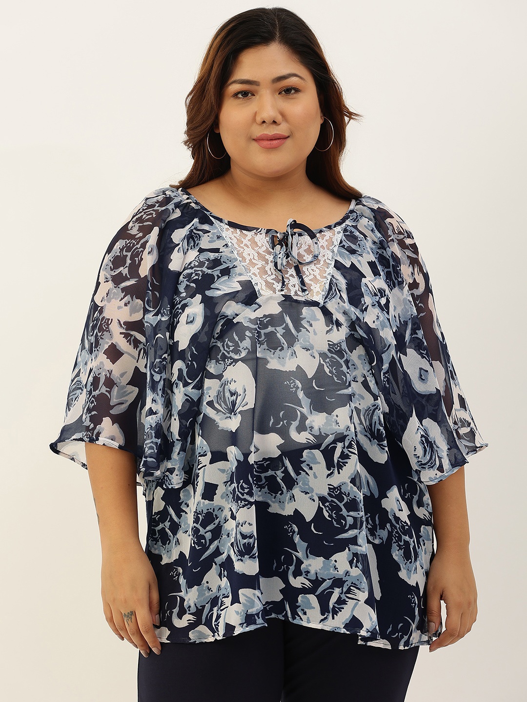 

theRebelinme Navy Blue & Off White Floral Printed Tie-Up Neck Plus Size Georgette Top