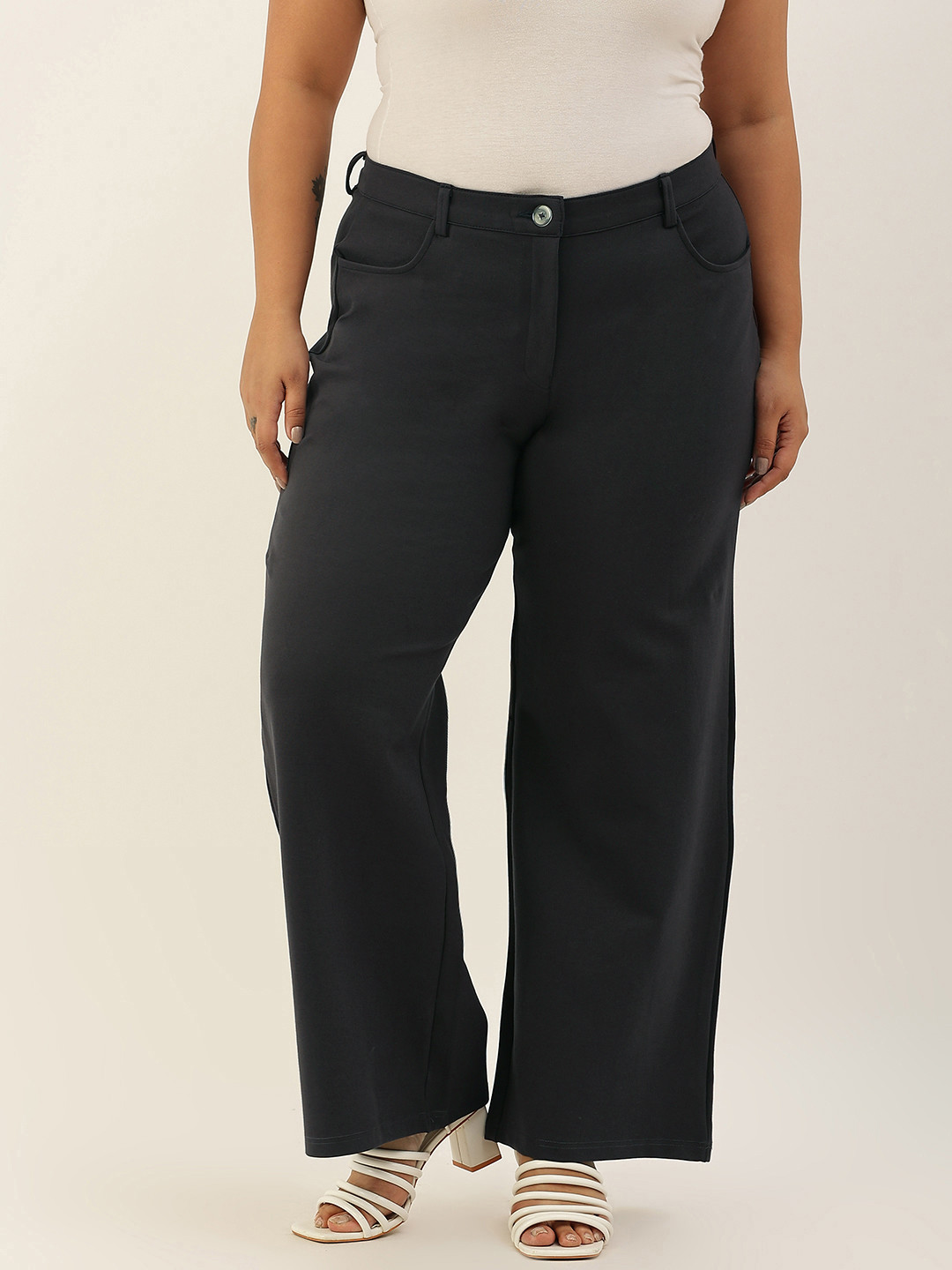 

theRebelinme Women Charcoal Relaxed Flared High-Rise Trousers
