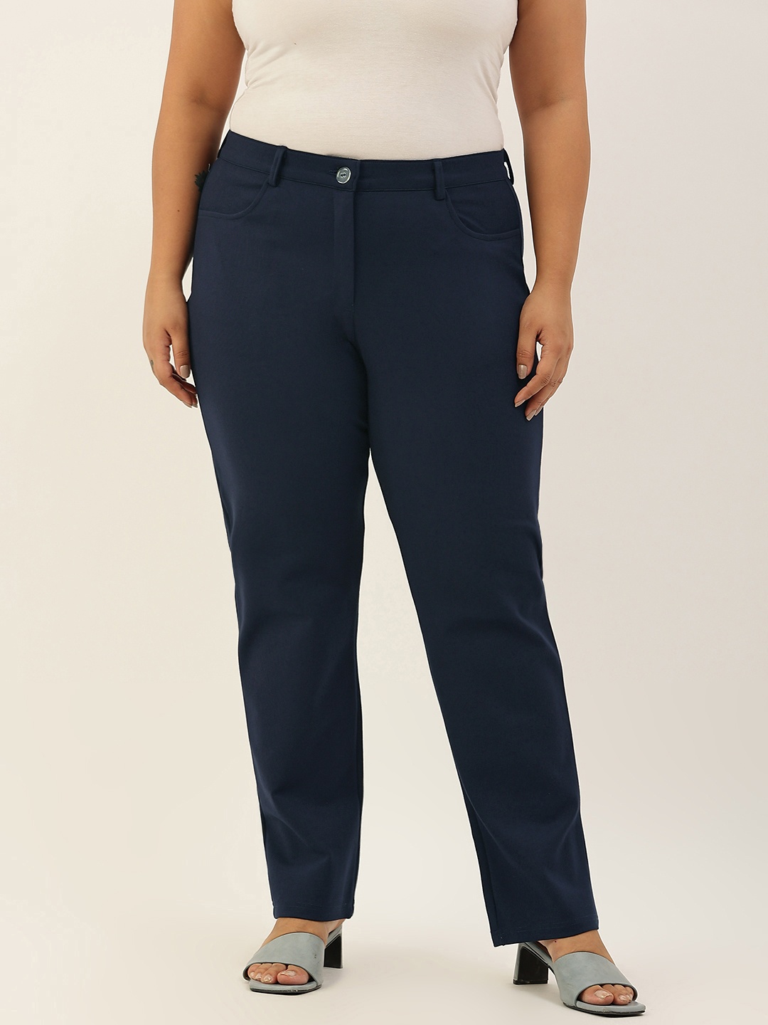 

theRebelinme Women Navy Blue Smart Straight Fit High-Rise Trousers