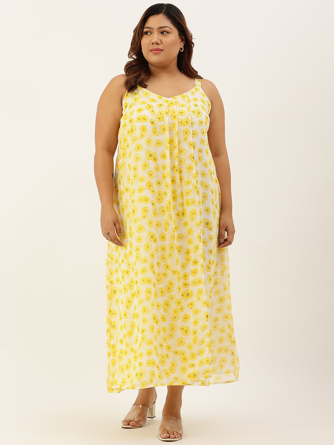 

theRebelinme Yellow & Off White Floral Georgette A-Line Plus Size Midi Dress