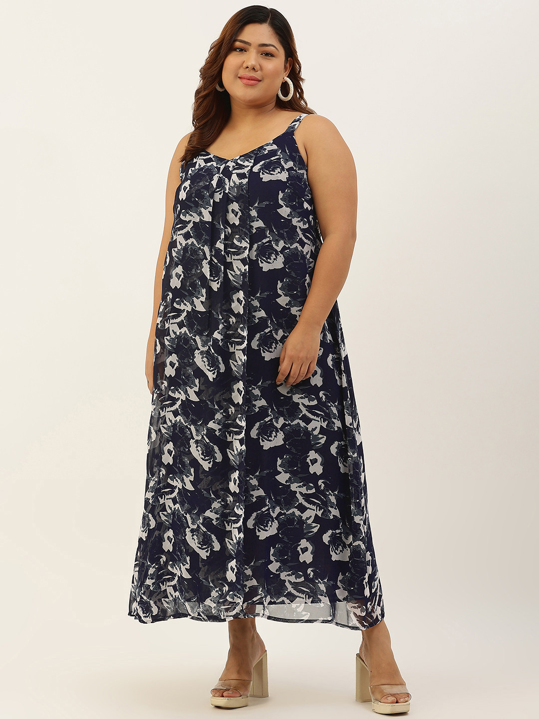 

theRebelinme Navy Blue & Off White Floral Georgette A-Line Plus Size Midi Dress