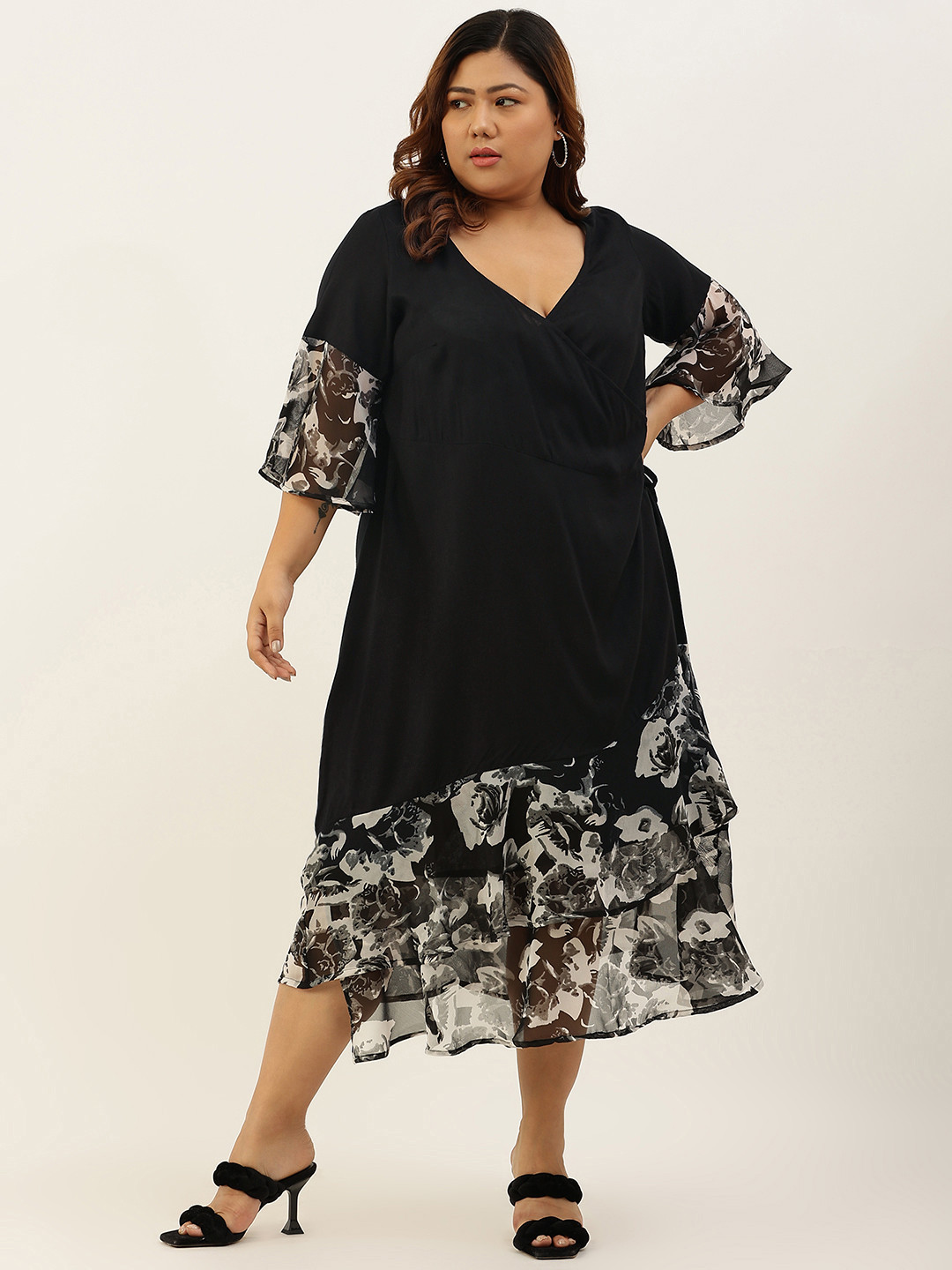

theRebelinme Black & White Floral Plus Size Midi Dress