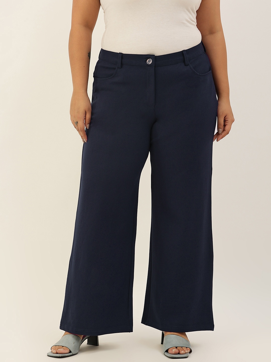 

theRebelinme Women Navy Blue Relaxed Flared Plus Size High-Rise Trousers