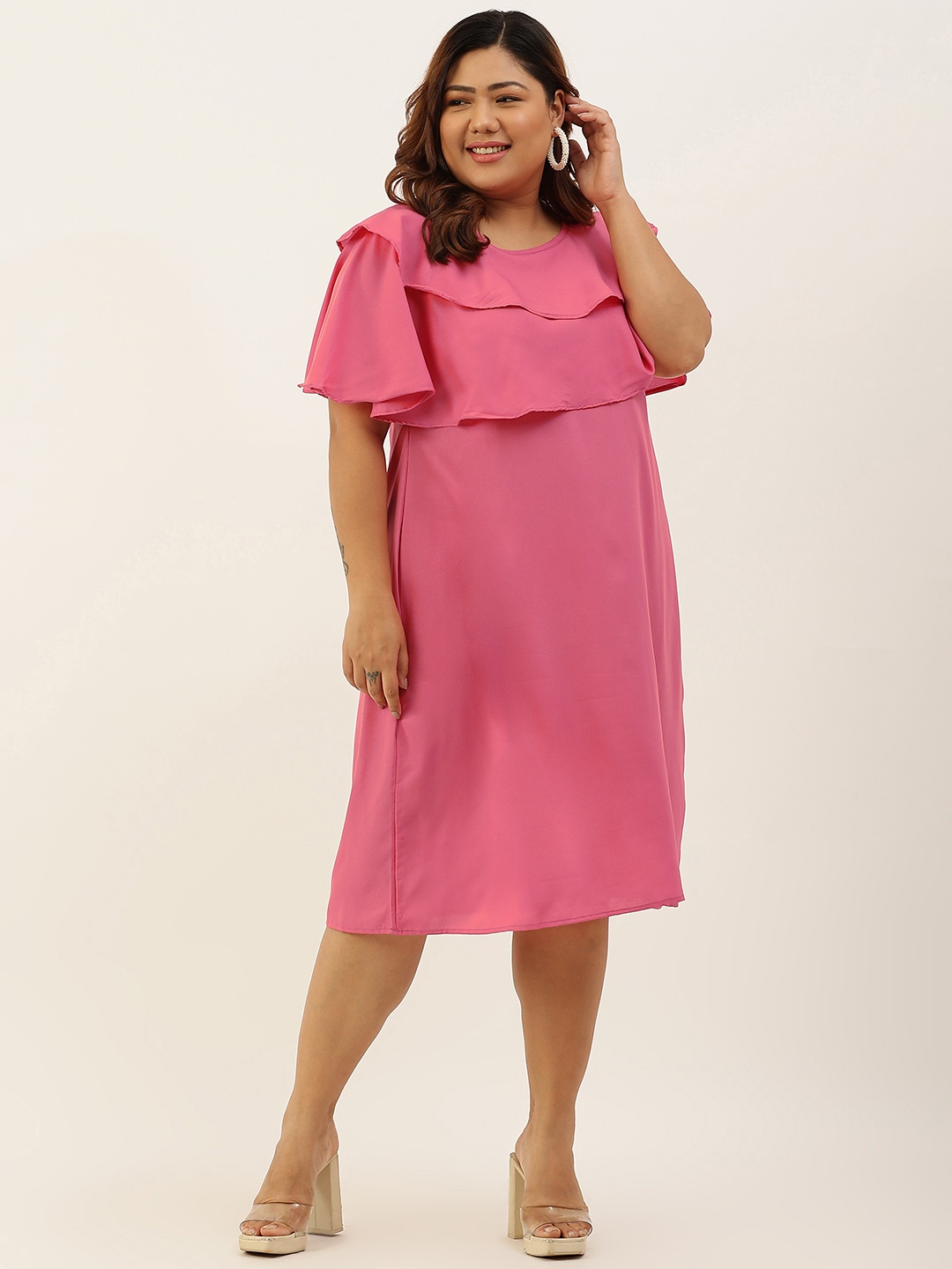 

theRebelinme Pink Layered Crepe A-Line Plus Size Midi Dress