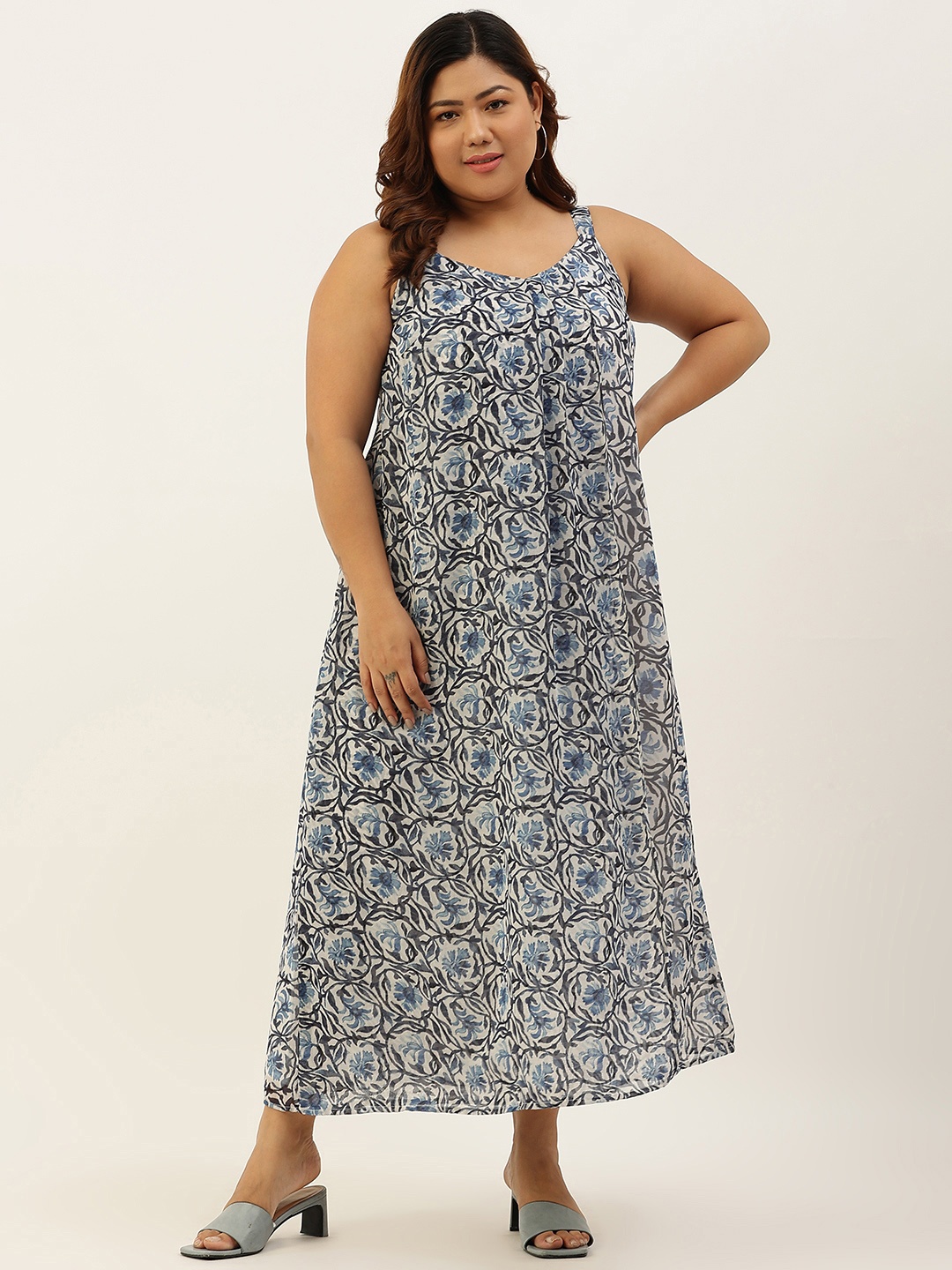

theRebelinme Navy Blue & Off White Floral Georgette Plus Size A-Line Midi Dress