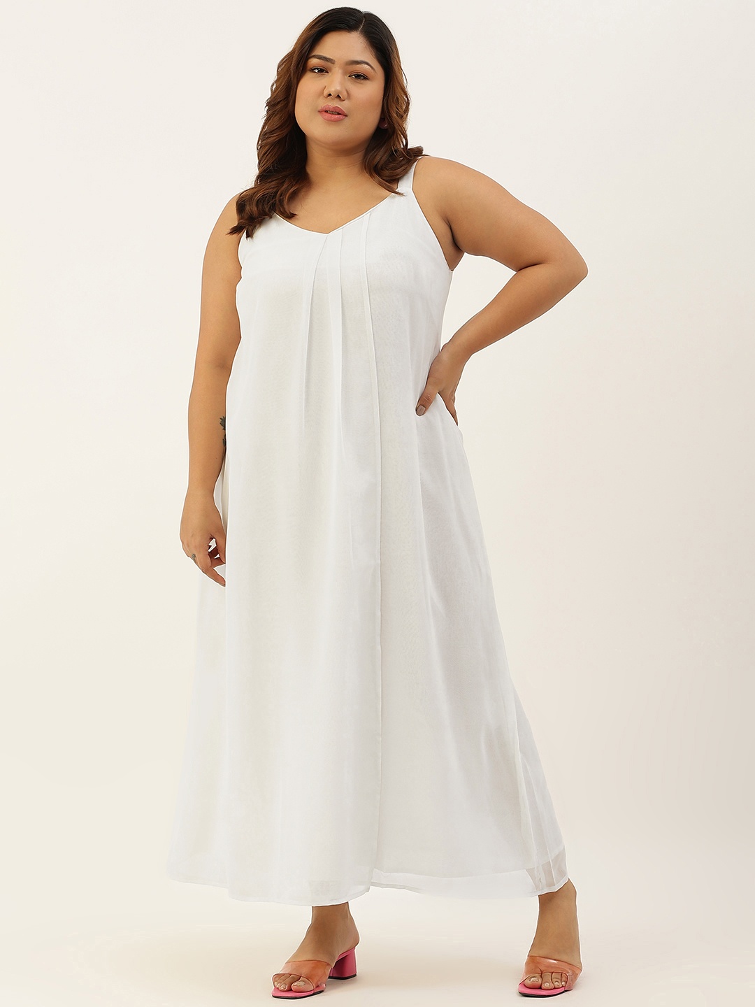 

theRebelinme White Georgette A-Line Plus Size Midi Dress