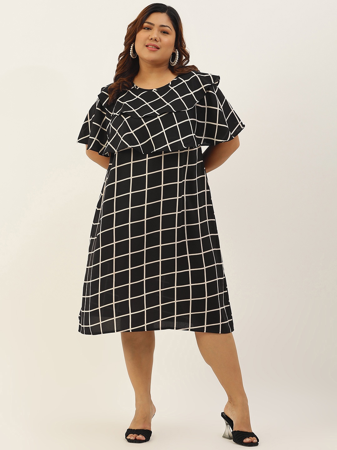 

theRebelinme Black & White Checked Layered Crepe Plus Size Midi Dress
