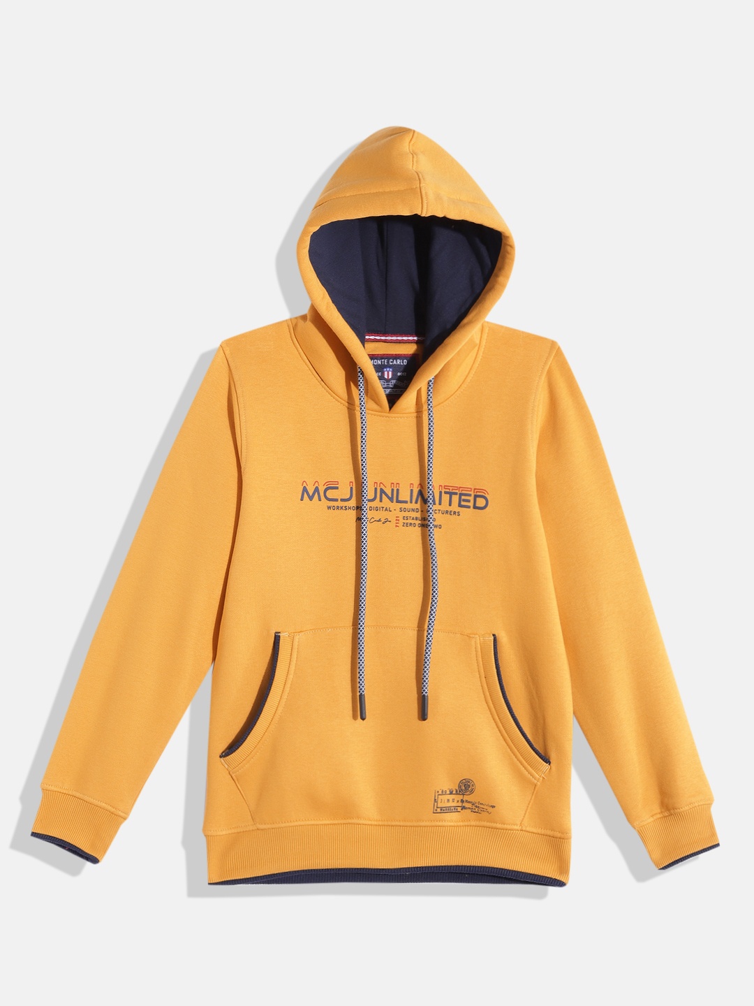 

Monte Carlo Boys Mustard Yellow & Navy Blue Typography Printed Hooded Sweatshirt