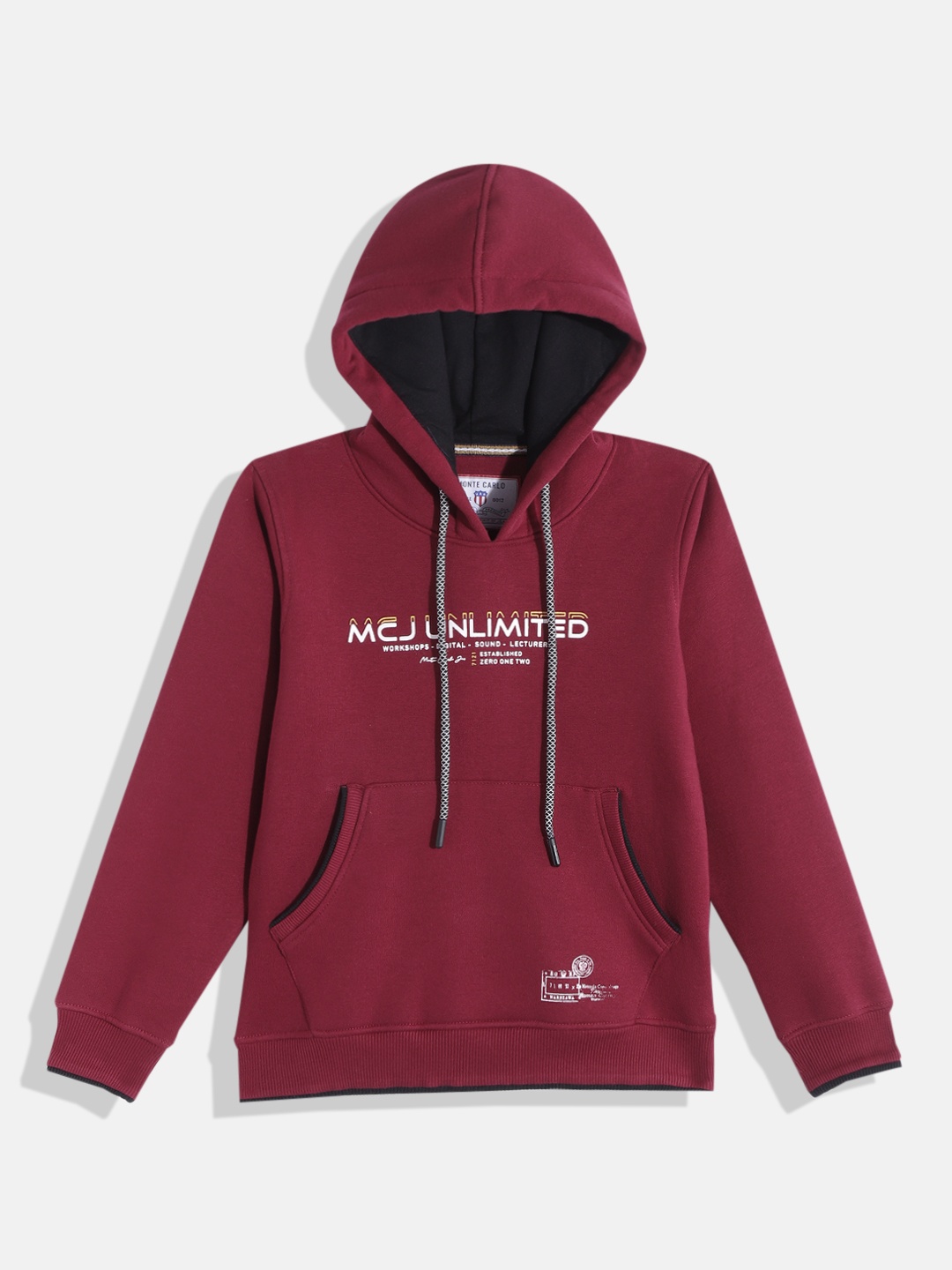 

Monte Carlo Boys Maroon Typography Printed Hooded Sweatshirt