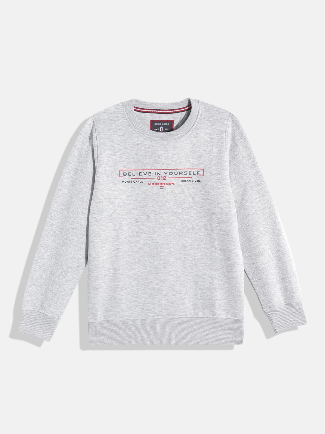 

Monte Carlo Boys Grey Melange & Navy Blue Typography Printed Sweatshirt