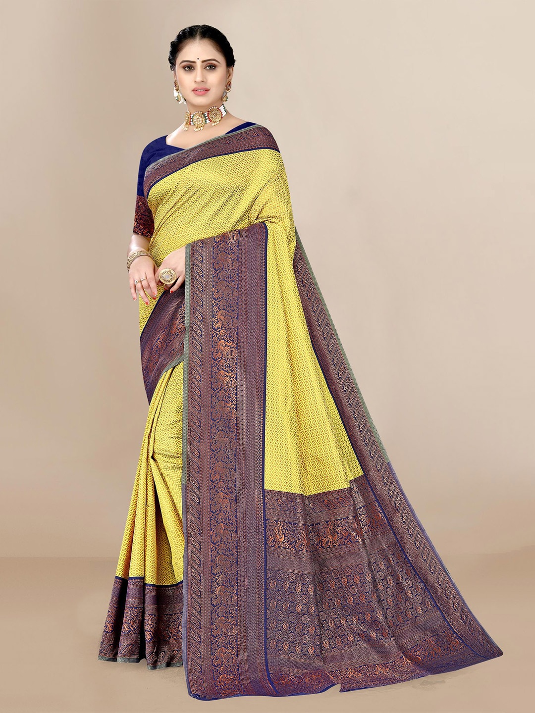 

VAIRAGEE Yellow & Blue Woven Design Zari Silk Blend Fusion Saree