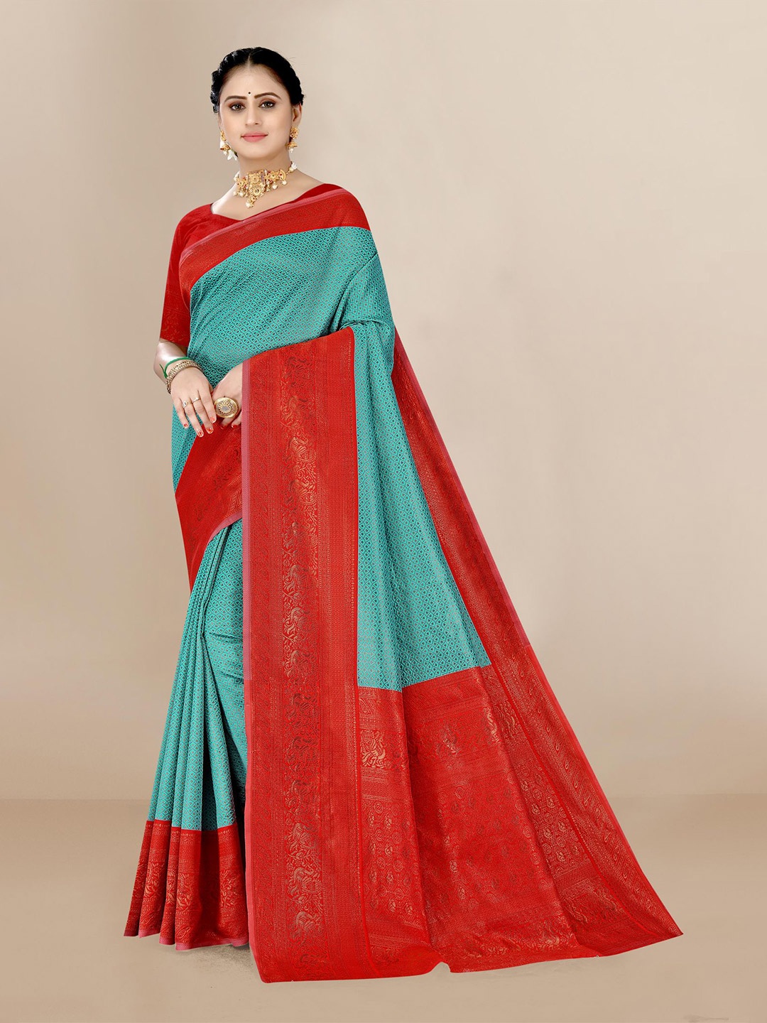 

VAIRAGEE Woven Design Zari Silk Blend Saree, Teal