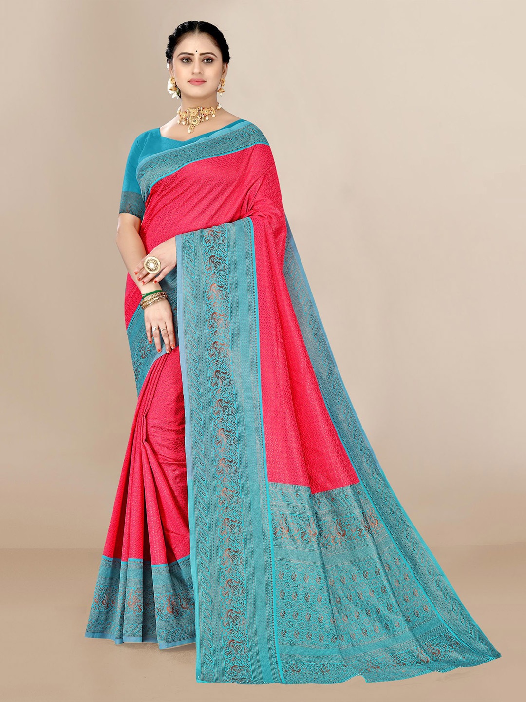 

VAIRAGEE Red & Blue Woven Design Zari Silk Blend Fusion Saree