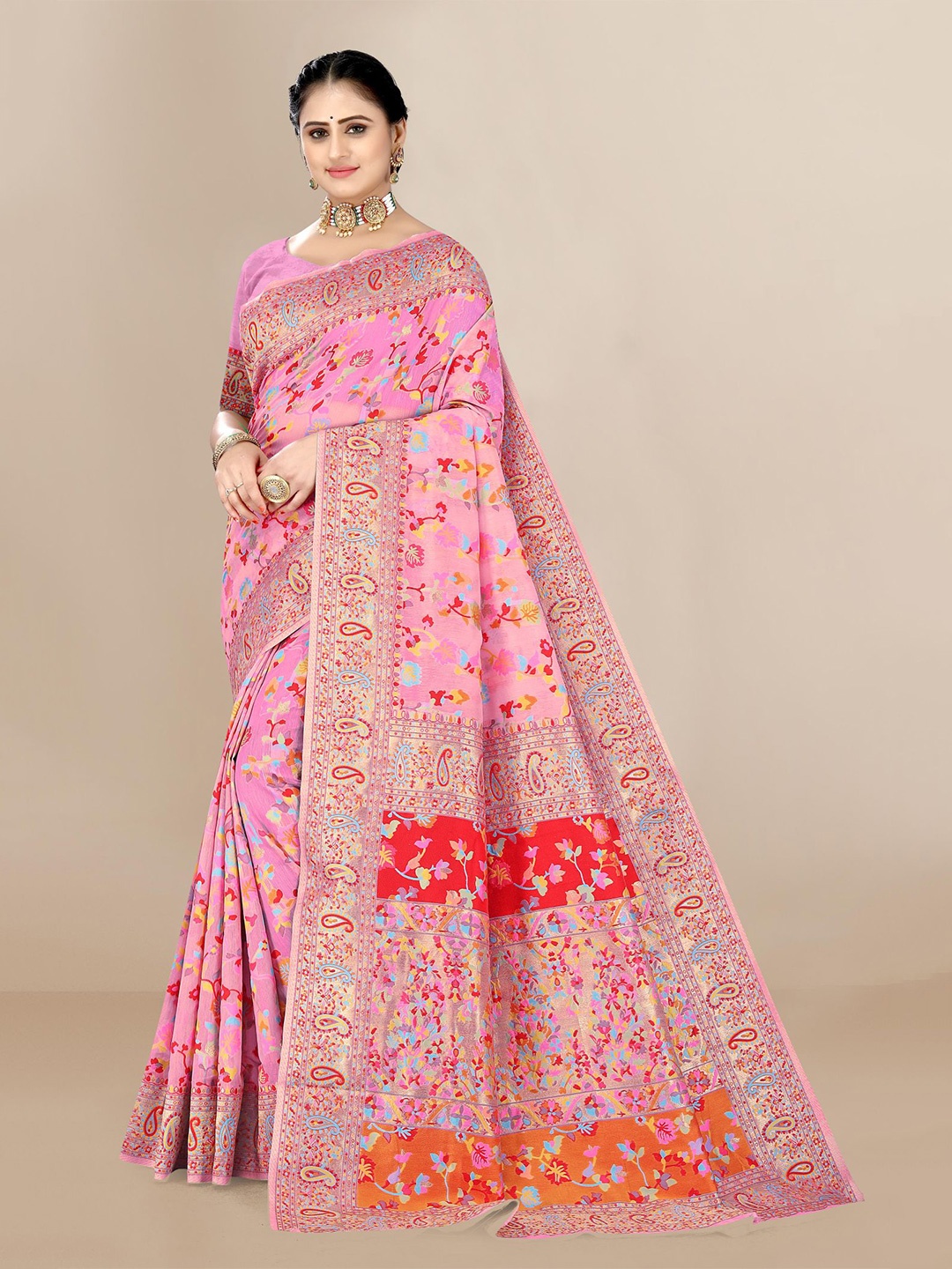 

VAIRAGEE Pink & Red Woven Design Zari Silk Blend Fusion Saree