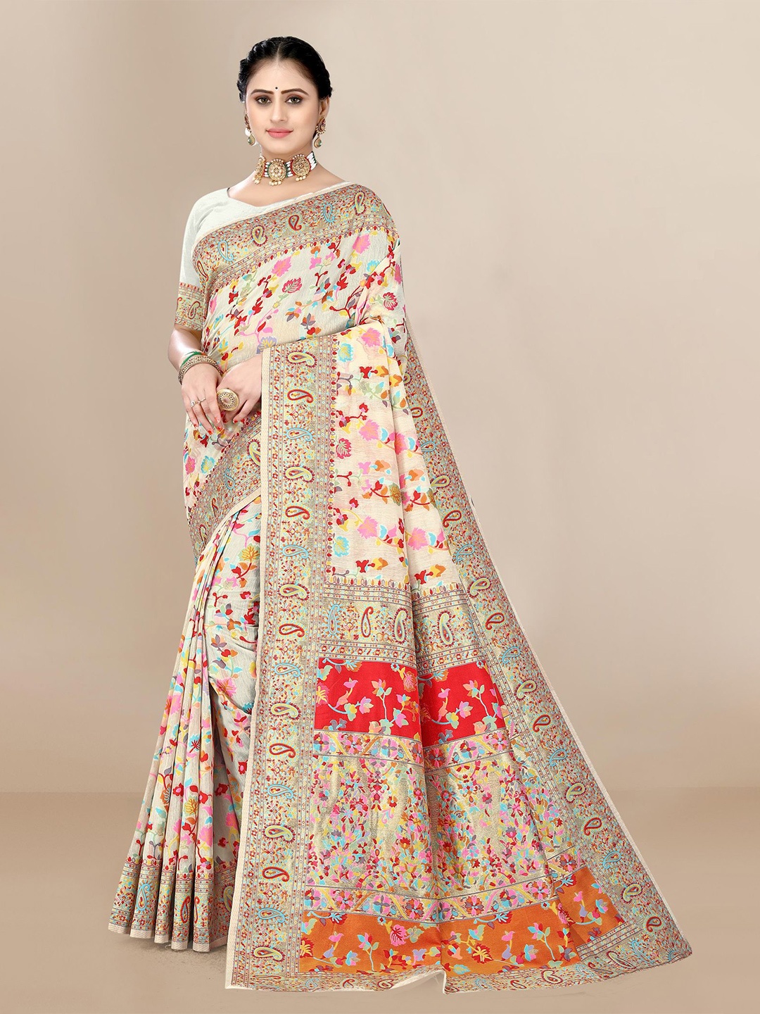 

VAIRAGEE Woven Design Silk Blend Saree, Off white