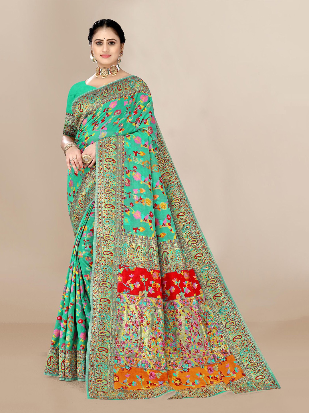 

VAIRAGEE Teal & Red Woven Design Zari Silk Blend Fusion Saree